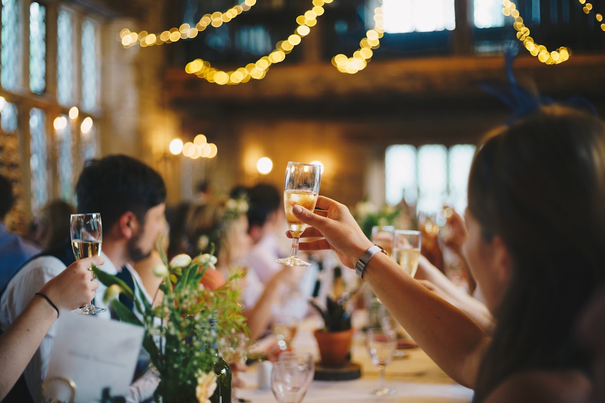 Bruiloftsgasten heffen het glas tijdens een toost op het feest