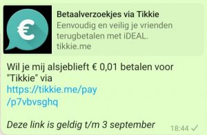 Whatsapp bericht met URL van Tikkie erin. Dit whatsappje is een betaalverzoek, waarmee de ontvanger de verzender kan betalen.