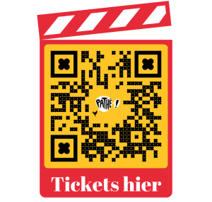 QR-code met een filmbord als frame met Pathé logo en kleuren, met de tekst 'tickets hier'.