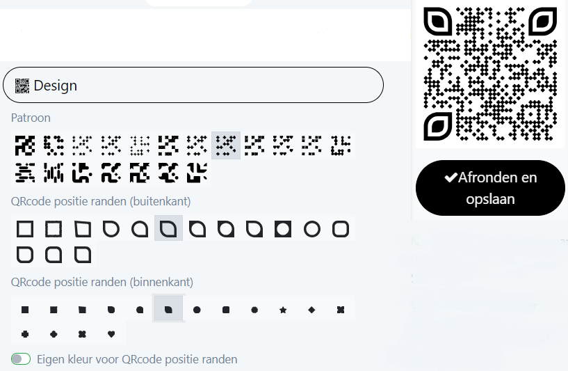 De design opties bij QRcode.nl. Er staan 19 patronen, 15 buitenranden, en 16 binnenranden om uit te kiezen.