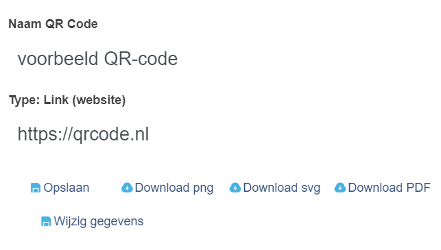Dit is het beheerscherm van de QR-code. Hier staan knoppen voor downloaden in de verschillende bestandstypen.