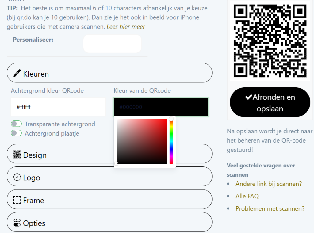 Er wordt hier een QR-code aangemaakt op QRcode.nl. De optie kleuren is uitgeklapt waardoor een kleurenpallet verschijnt waarmee een QR-code kleur kan worden gekozen.