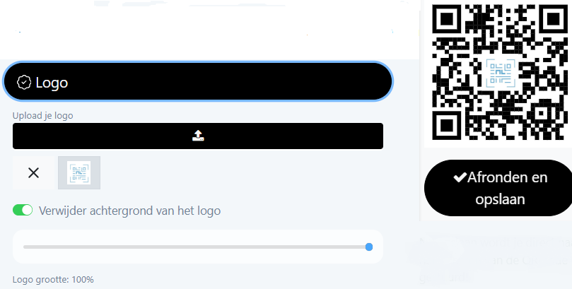 Aanmaakscherm QRcode.nl waar onder de categorie 'logo' een logo is geüpload. Dit is te zien aan de conceptversie aan de rechterkant waar een logo in de QR-code staat.