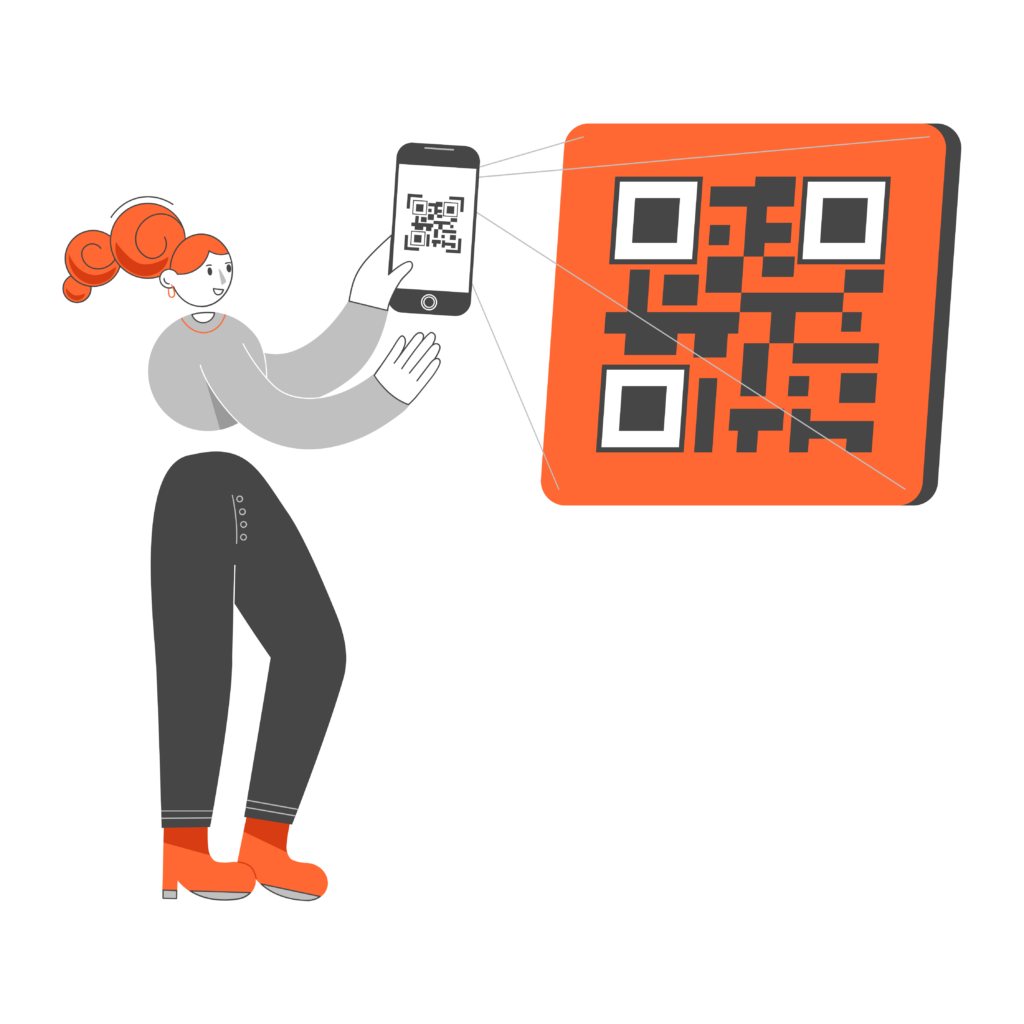 Een animatie van een vrouw die een QR-code scant met haar telefoon.