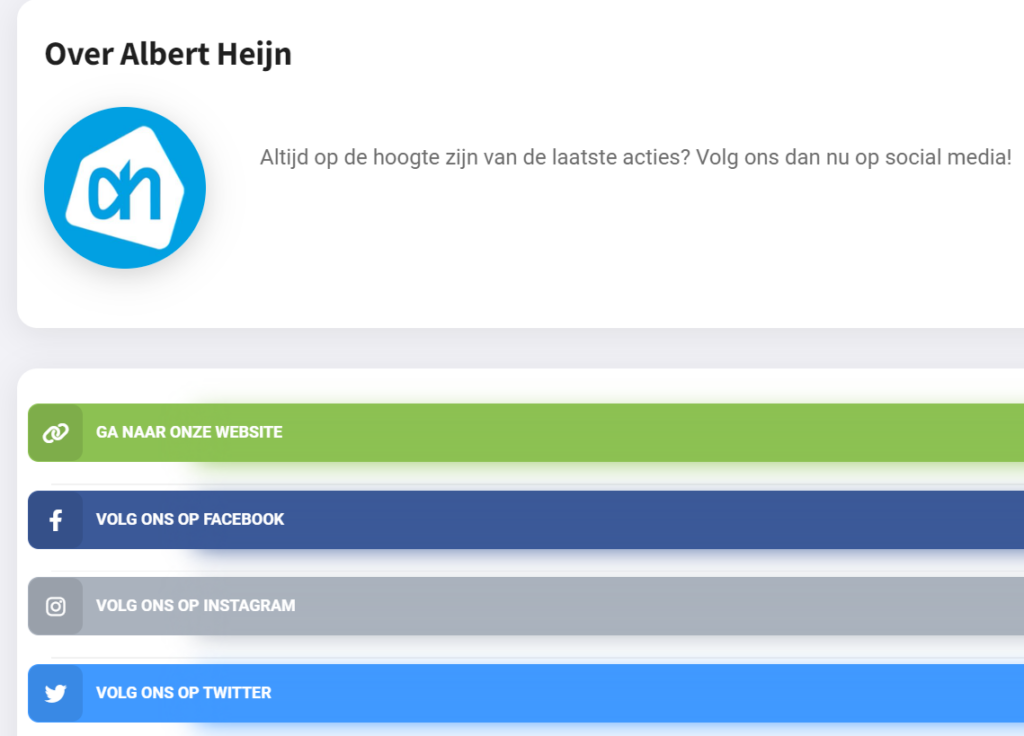 Landingspagina van de Albert Heijn social media QR code. Er kan doorgelinkt naar de website, Facebook, Email en Twitter.