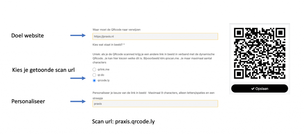 Screenshot van QRcode.nl website. Naar de 1e invoerbalk, waar een URL instaat word verwezen met doel website. Iets eronder bij een aantal opties voor scan URL's staat 'kies je getoonde scan URL' waaronder een laatste balk is waar de scan URL verder kan worden gepersonaliseerd door iets toe te voegen.