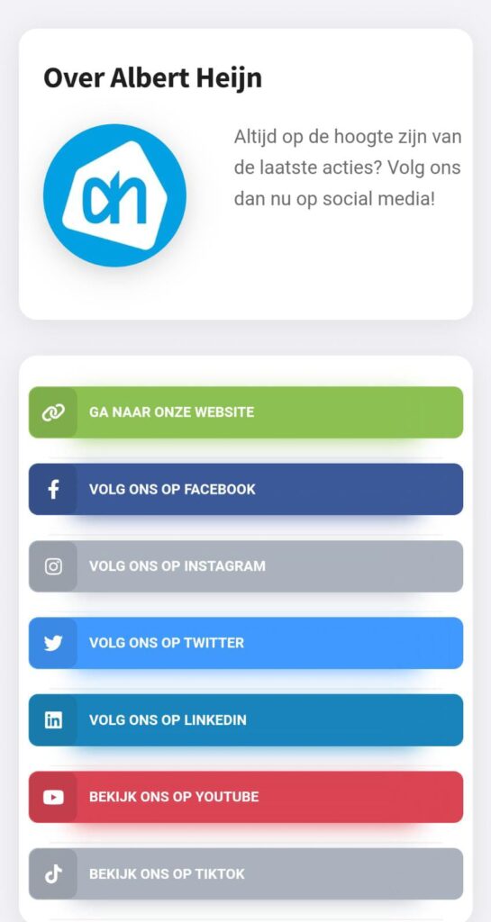 Screenshot van Albert Heijn social media landingspagina. Het AH logo met een promotietekst staat erop. Gevolgd doo links naar de website, facebook, insta, twitter, youtube en tiktok, allemaat met bijbehorende huiskleuren en logo's.