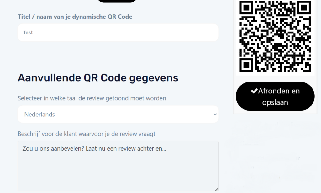 Aanmaakscherm van review QR-code. Hier kan de titel de taal en de beschrijving voor de reviews worden ingevuld.