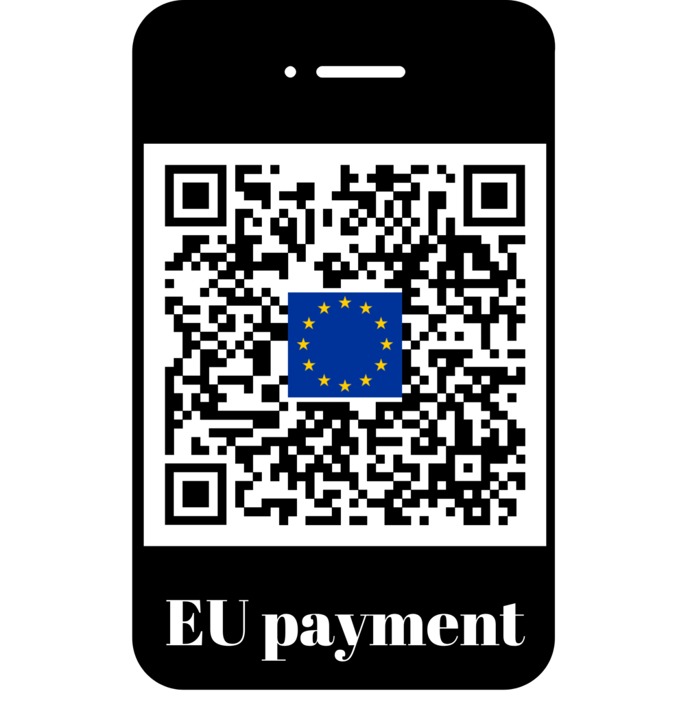 QR code in een Iphone frame, met de tekst "EU payment" eronder. In het midden van de QR code staat eeen EU vlag afgebeeld.