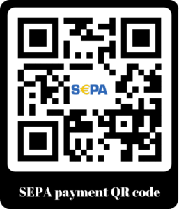 Afbeelding van een gewone QR-code met het SEPA logo in het midden. De QR-code heeft onderaan de beschrijving "SEPA payment QR code"