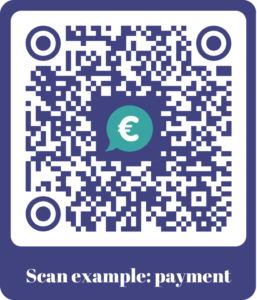 Afbeelding van een QR-code met een Tikkie logo erin. De QR code is paars (huiskleur van Tikkie), en heeft onderaan een beschrijving " scan example payment".